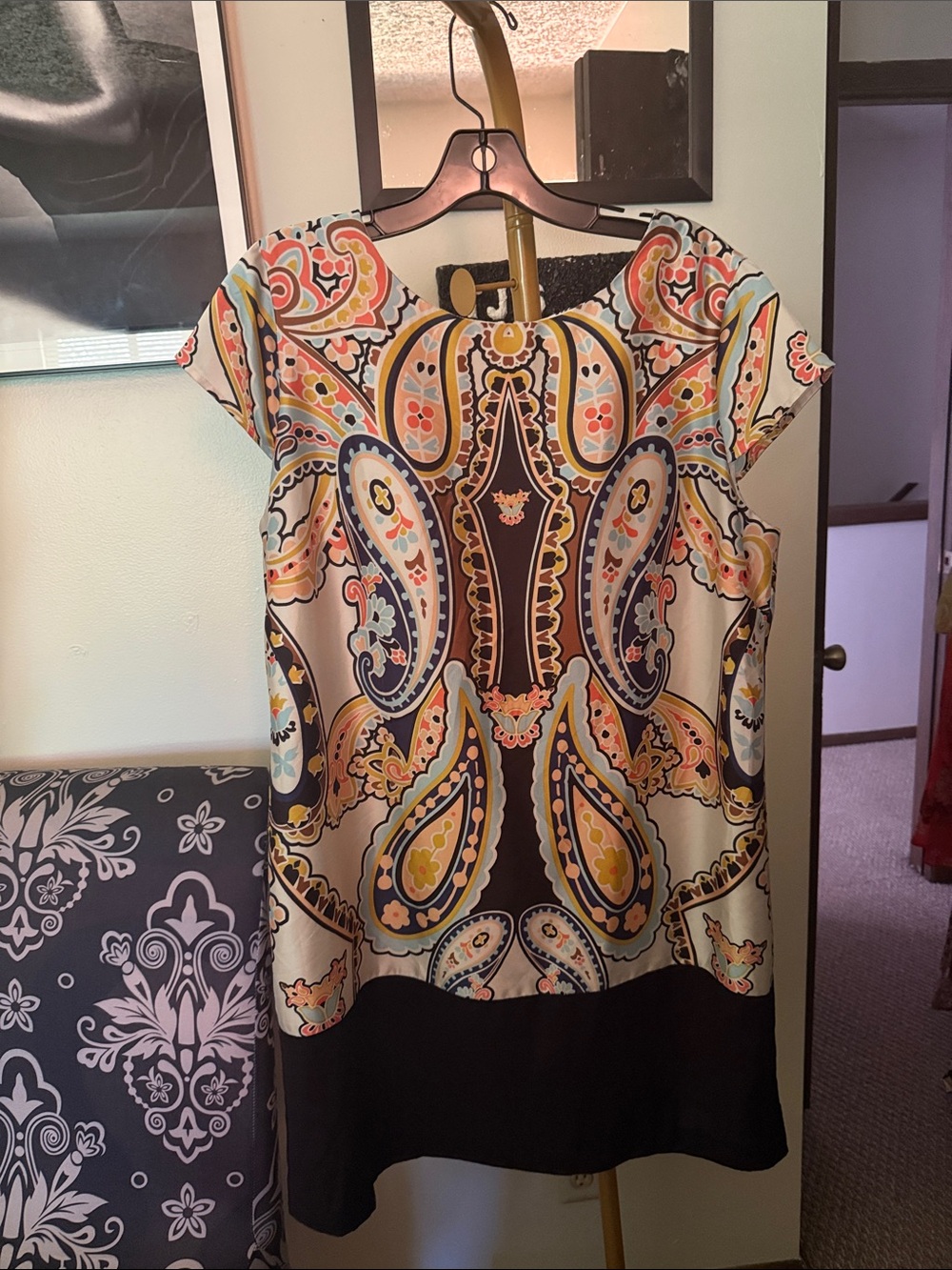 Women’s Multicolor Paisley Shift Dress with Black Hem
